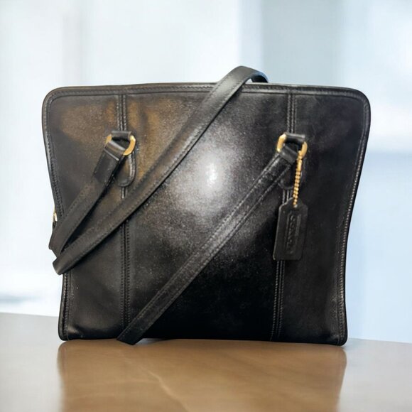 VTG Coach Purse Navy Leather Brass Compartment Tote 9872 Costa Rica Y2K Shopper - Picture 2 of 10